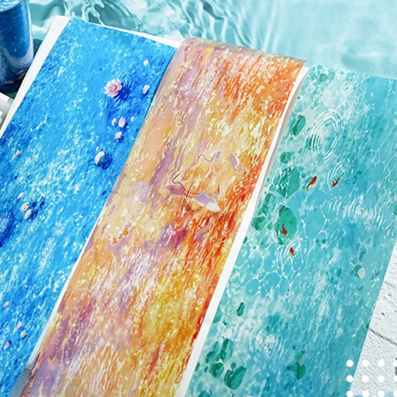 Dreamy Water Wave Base Tape, Summer Ocean Sparkle Long Roll Tape for Junk Journal and Notebook Decoration Qme