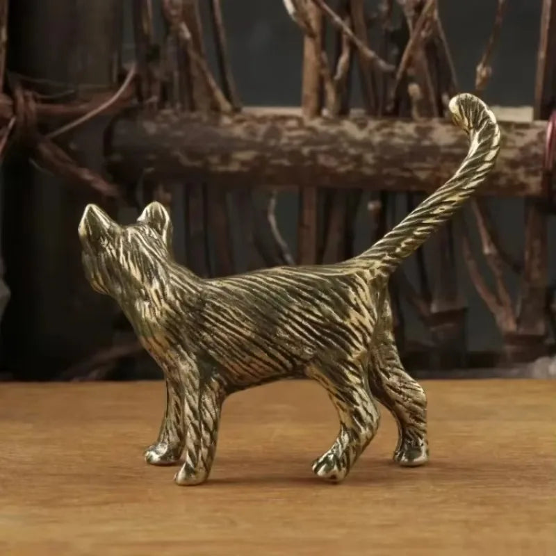 Retro Cat Brass Ornament Creative Long Tailed Cat Desktop Tea Pet Micro Carved Crafts Home Decoration Countryside Cat Ornament Qme