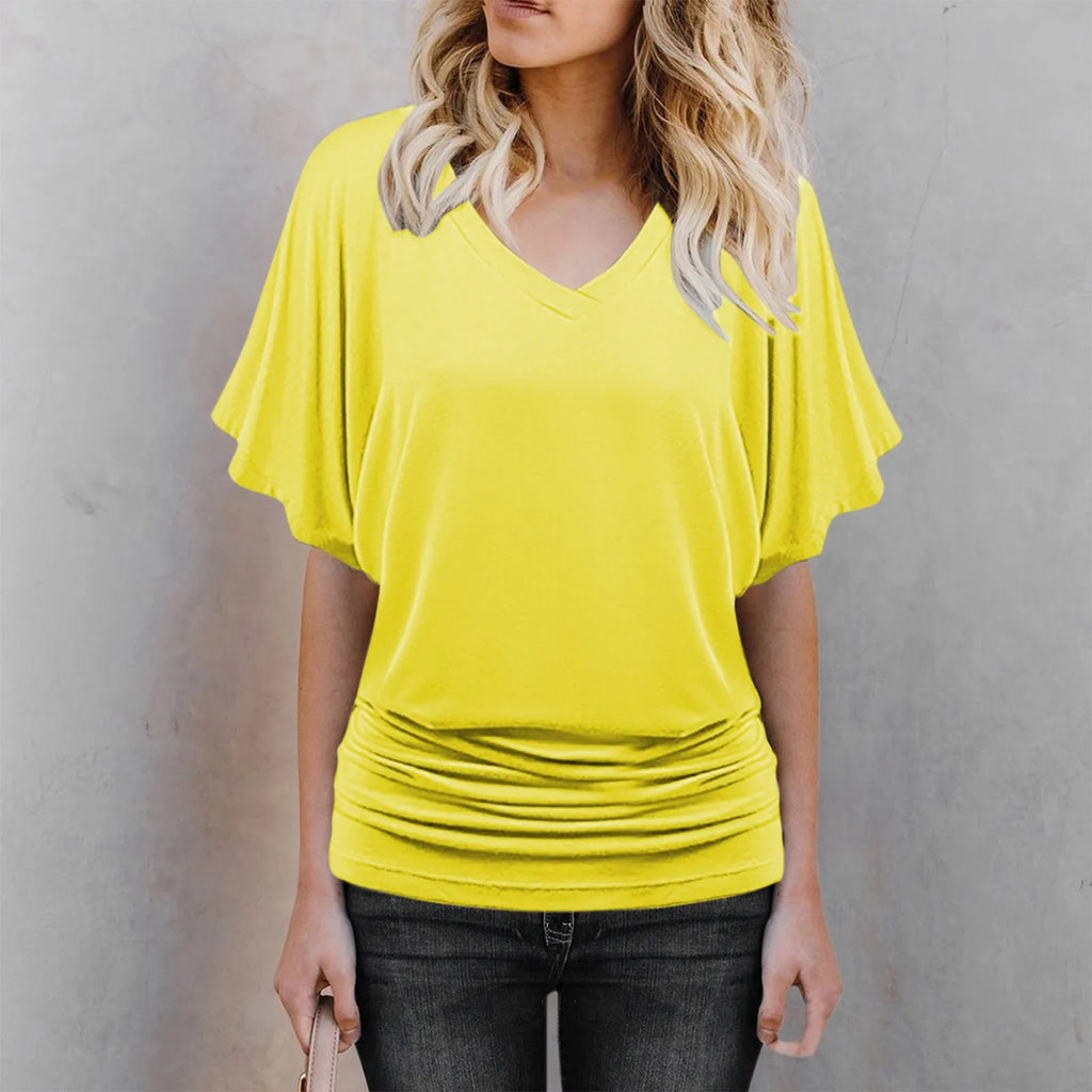 Soft Pleated Summer Bating Short Sleeved V-neck Solid Color T-Shirt Fashionable Classic Soft And Comfortable Daily Top For Lady Qme Yellow M