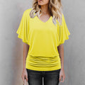 Soft Pleated Summer Bating Short Sleeved V-neck Solid Color T-Shirt Fashionable Classic Soft And Comfortable Daily Top For Lady Qme Yellow M