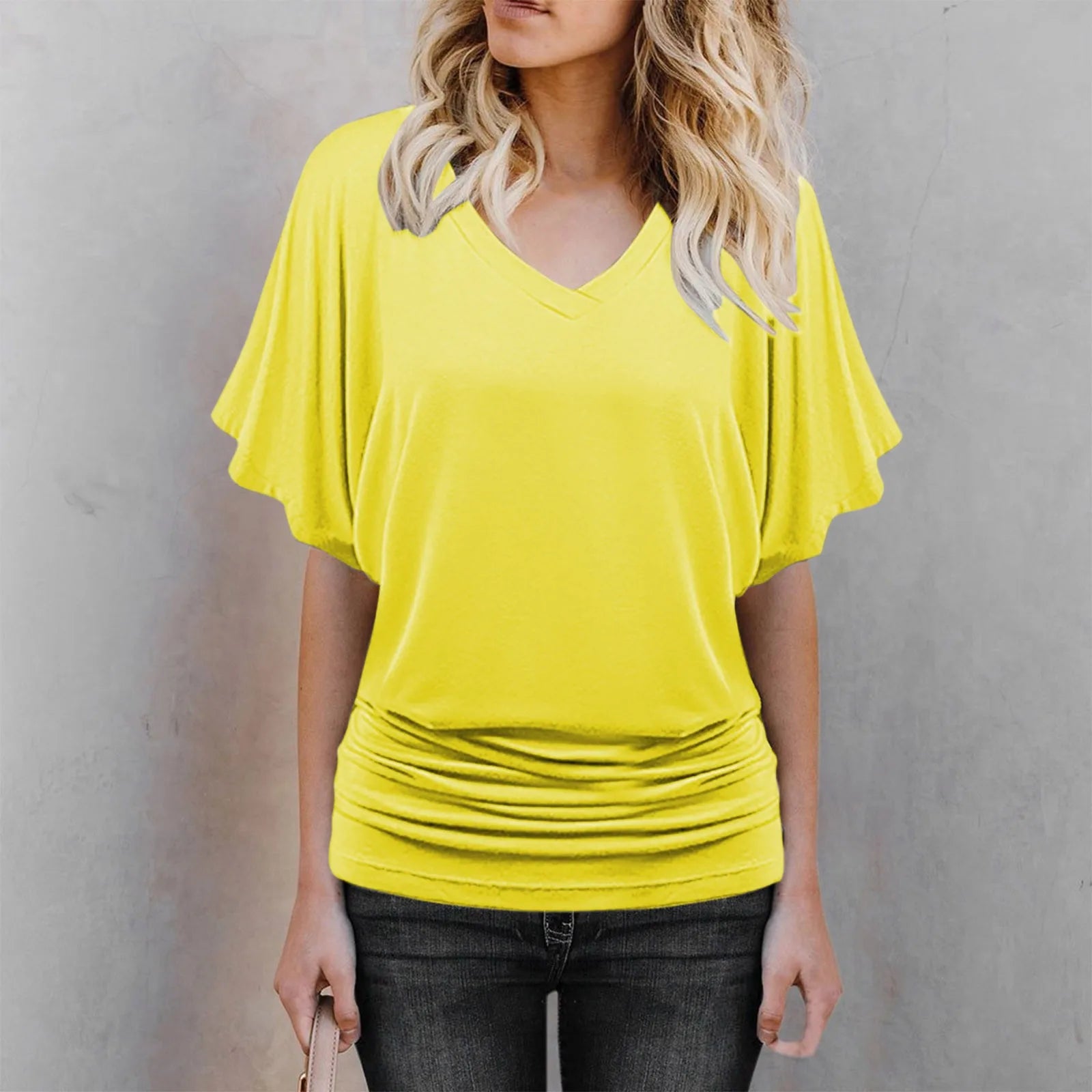 Soft Pleated Summer Bating Short Sleeved V-neck Solid Color T-Shirt Fashionable Classic Soft And Comfortable Daily Top For Lady Qme Yellow M