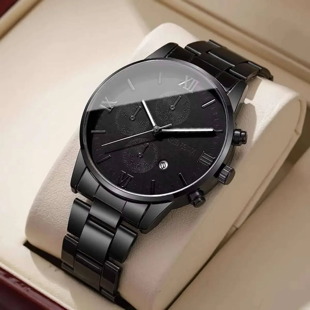 Business Fashion Three-Calendar Men's Watch Steel Band Glass Quartz Qme