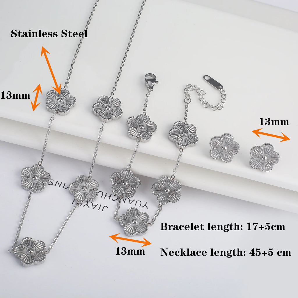 Classic Luxury Five Leaf Flower Jewelry Set High Quality Stainless Steel Bracelet Necklace Earrings Fashion Woman Clover Gift Qme