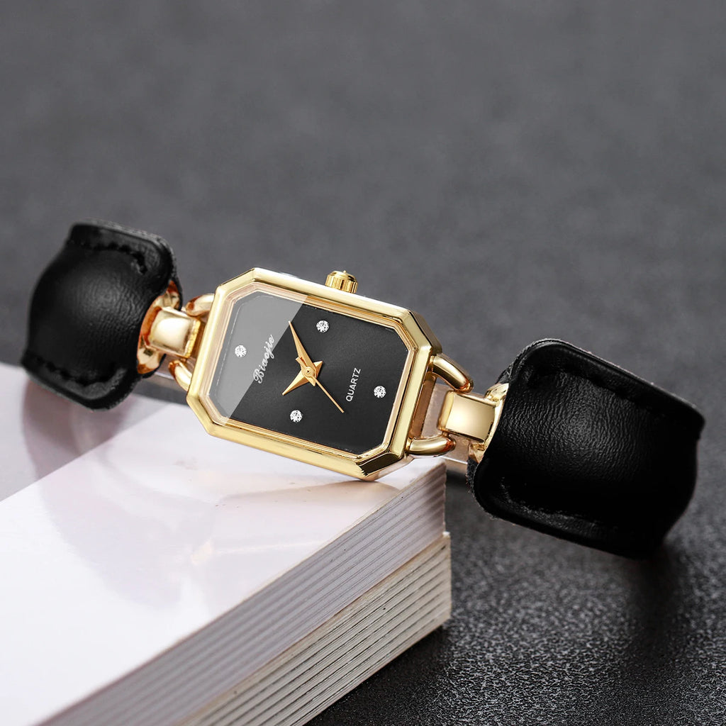 Women Small Rectangle Dial Quartz Wrist Watch Black Leather Strap Rhinestone Index Elegant Casual Ladies Dress Wristwatch Gift Qme