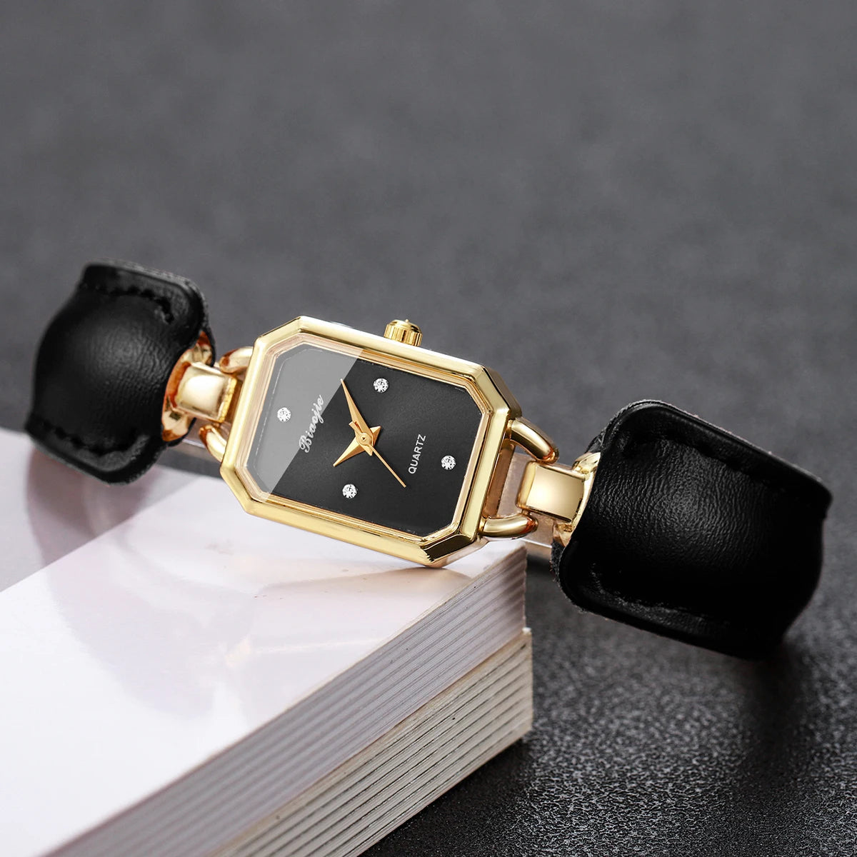 Women Small Rectangle Dial Quartz Wrist Watch Black Leather Strap Rhinestone Index Elegant Casual Ladies Dress Wristwatch Gift Qme