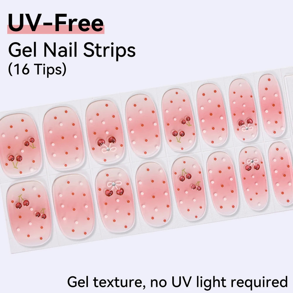 16Tips Pink Red French UV-Free Gel Nail Stickers Sparkly Shinning