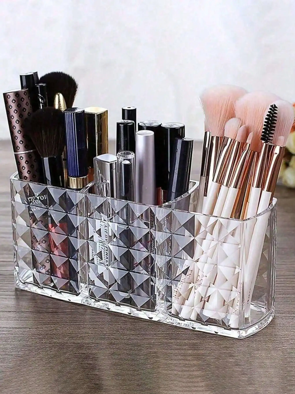 Clear Acrylic Makeup Brush Organizer 3 Compartments Cosmetic Storage Qme
