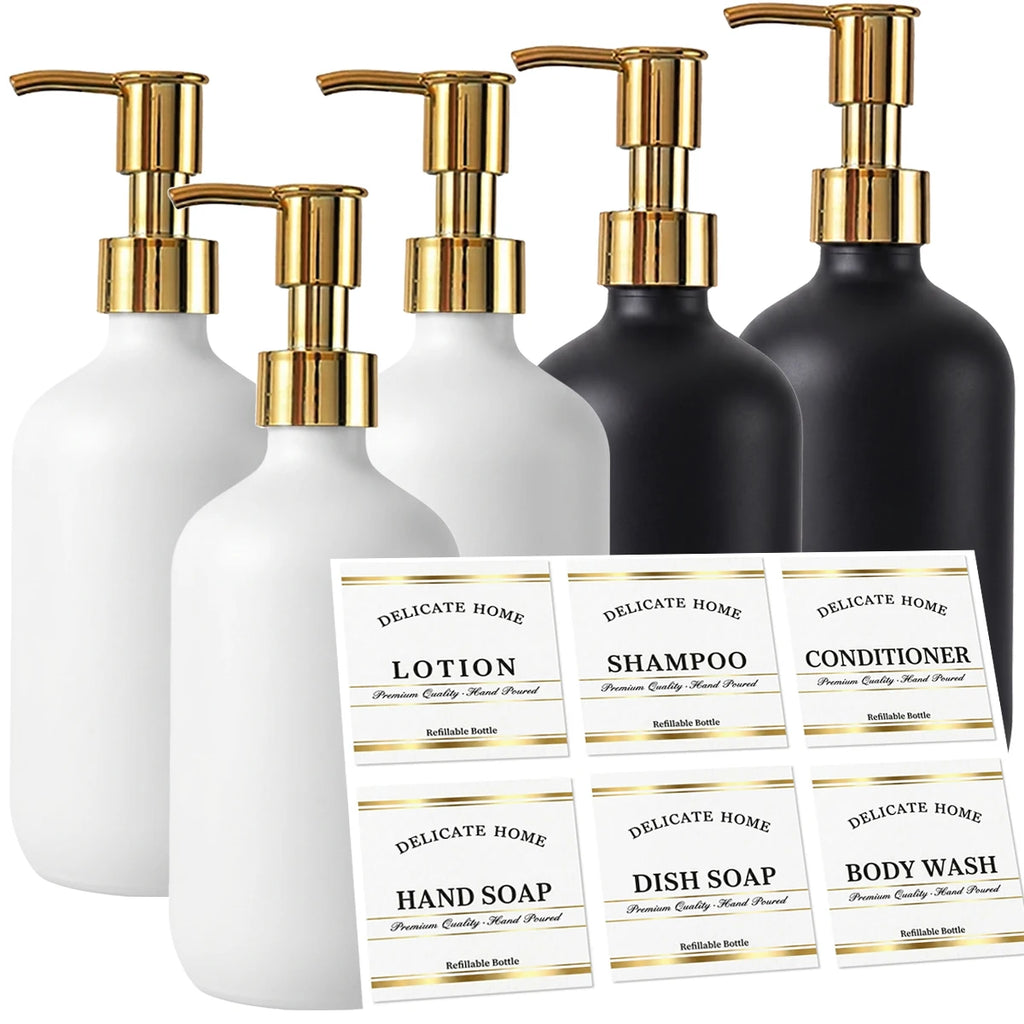 Set of 5 Refillable Shampoo Bottles 500ml Black White Plastic Shower Dispensers for Conditioner Body Wash Lotion Hand Soap Qme B