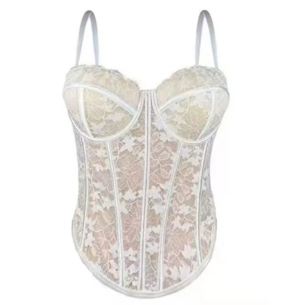 Sweet Mesh Flower Slim Lace Crop Bottoming Shirt Fishbone Corset Qme Beige One Size