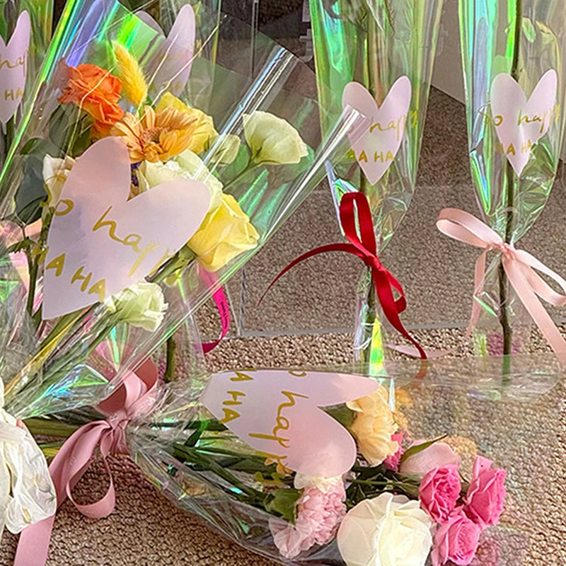 30PCS Love Heart Iridescent Single Rose Sleeves DIY Transparent Flower Wrapping Bag Floral Material Packaging Waterproof Qme