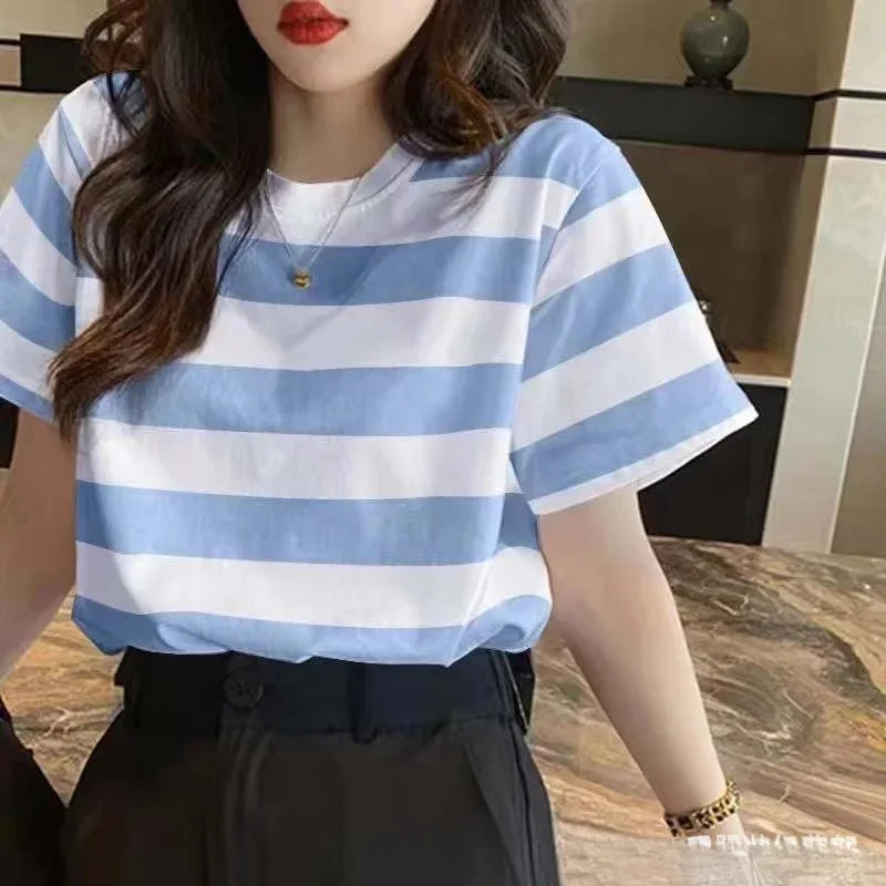 Summer Style Loose-fit Round Neck Short Sleeve Striped Pullover Casual Versatile Round Neck Slim Fit T-shirt Base Layer Shirt Qme