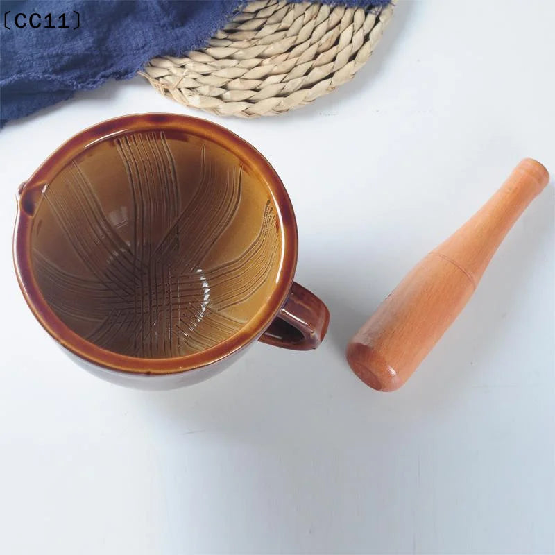 Ceramic Mortar Pestle Natural Wood Non Slip Base Perfect Kitchen Qme Default Title