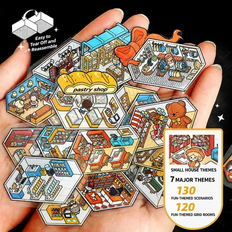 DIY Art Micro Scene Sticker Book 120 Grid Room Scenes 7 Themes Kids Qme