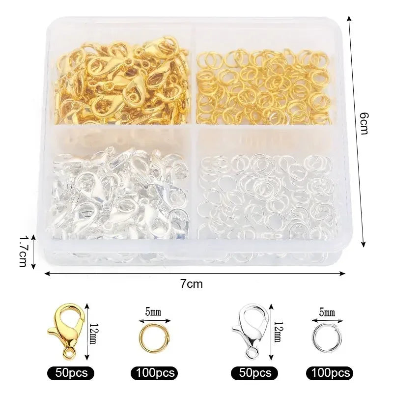 300pc Jewelry Making Connect Kit Durable Lobster Clasps & Jump Rings with Storage Box for DIY Chain Necklace Bracelet Supplies Qme