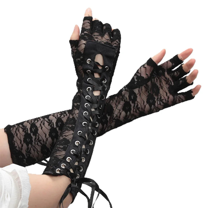 Women Sexy Lace Long Gloves Black Elbow Half-finger Ribbon Fingerless Qme black length 39cm