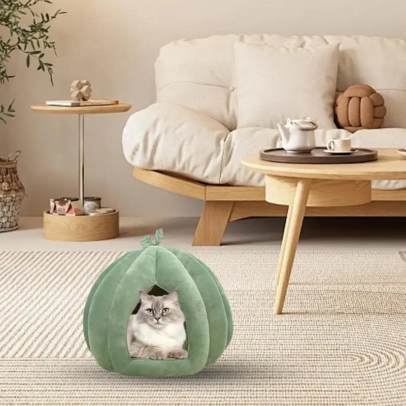 Pumpkin Cat Bed House Enclosed Cave Thickened Halloween Pet Hideaway Qme