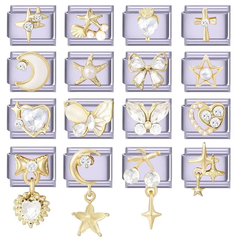 New Gold Color Zircon Heart Star Moon Bow Knot Italian Charm Link Fit 9mm Stainless Steel Bracelet Women Jewelry DIY Making Gift Qme