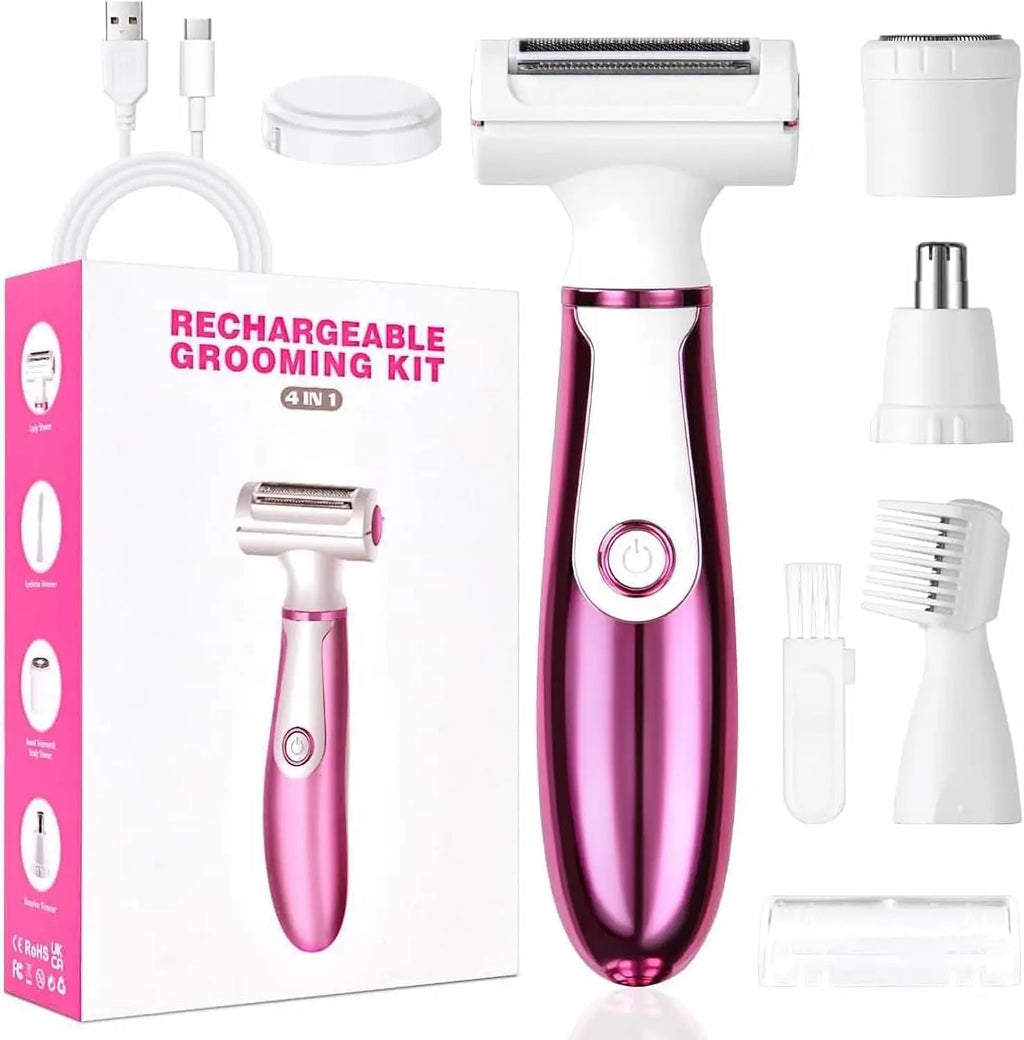 Electric Razors for Women,4 In 1 Womens Razors for Face Arm Leg Pubic Area, Cordless Hair Removal Rechargeable Bikini Trimmer Qme Pink