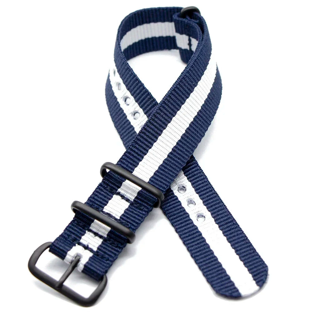 Sports Watch Band Nylon Strap Stainless Steel Black Frosted Buckle Adjustable 18MM 20MM 22MM 24MM Unisex Replacement Wristband Qme 2Blue 1White 24mm