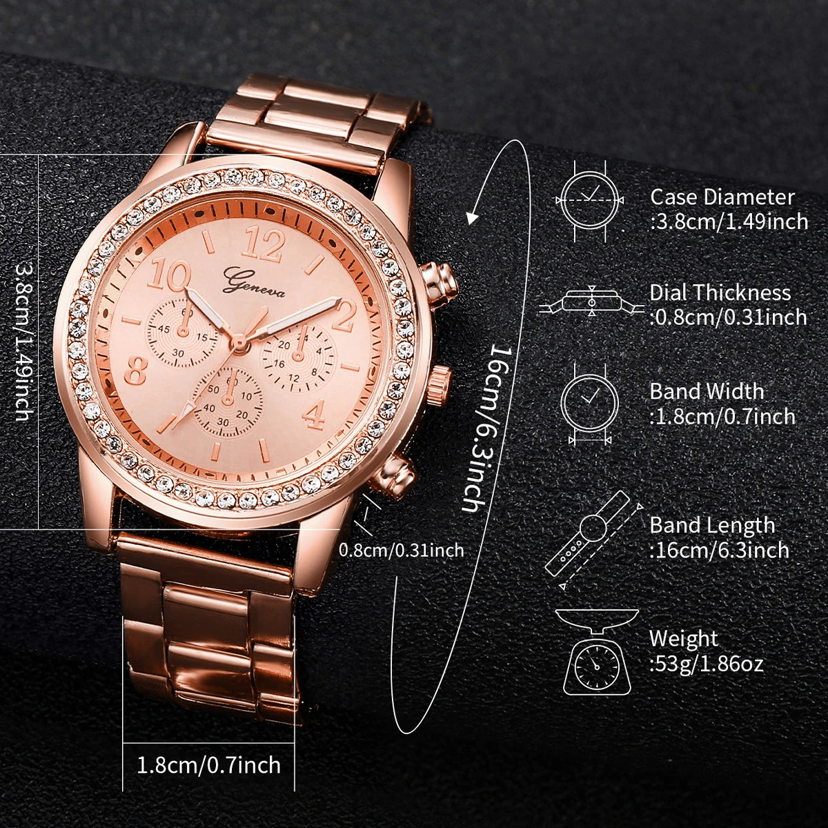 6PCS/Set Geneva Rose Gold Diamond Set Three Eyes Women's Steel Belt Watch Double Love Water Diamond Jewelry Five Piece Set Qme
