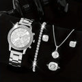 1pc Rhinestone Decor Quartz Watch Casual Roman Numeral Analog Wristwatch & 5pcs Jewelry Set, Gift For Mom/Girlfriend Qme Silver