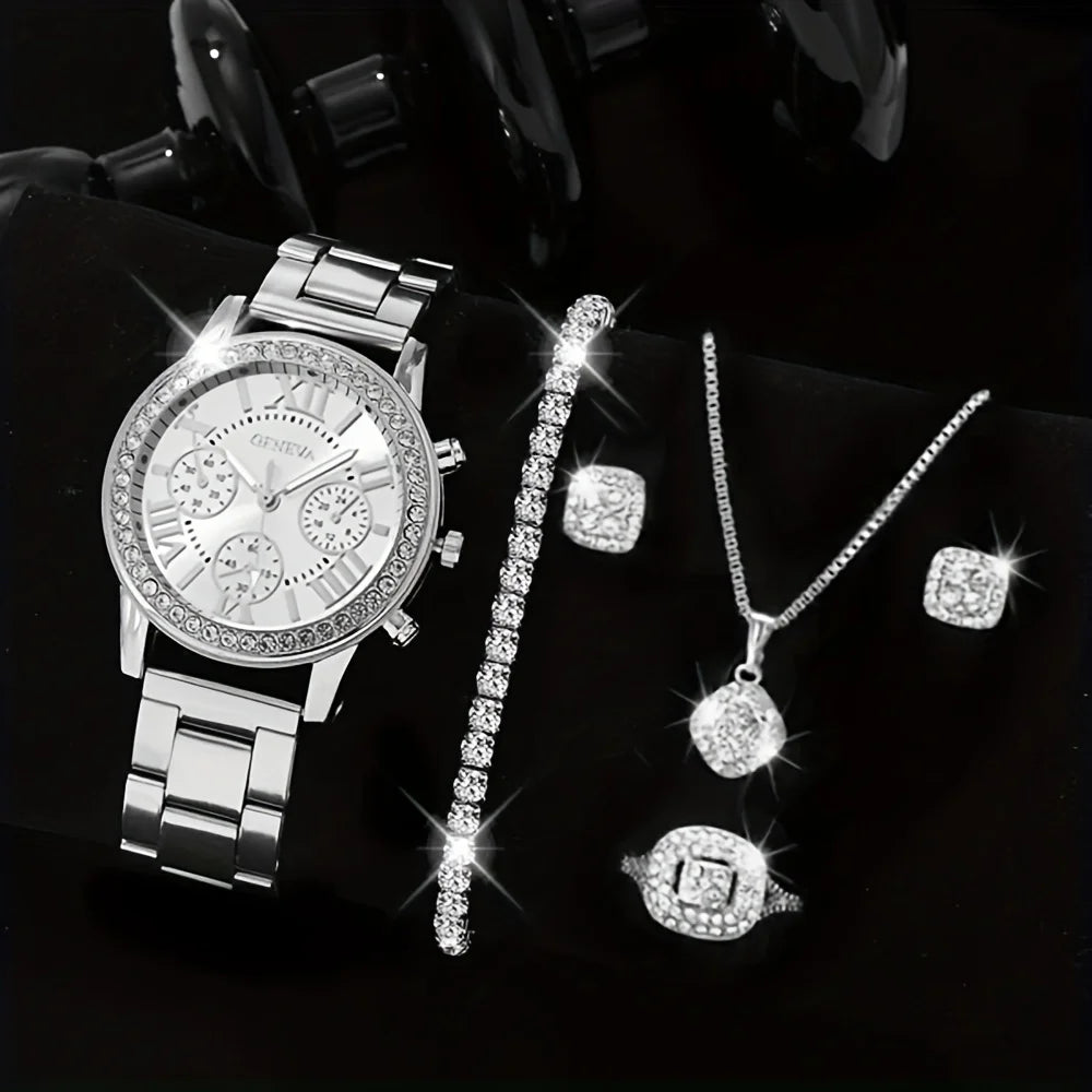 1pc Rhinestone Decor Quartz Watch Casual Roman Numeral Analog Wristwatch & 5pcs Jewelry Set, Gift For Mom/Girlfriend Qme Silver