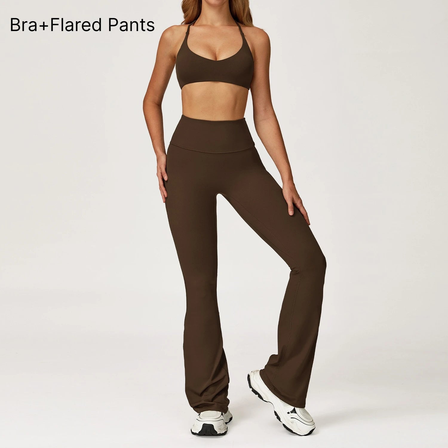 B 2PCS Yoga Suit Sports Set Women Quick-Dry Gym Set Women Tracksuit Running Workout Long Sleeve Sports Shirt Yoga Clothing Qme bra pants coffee S