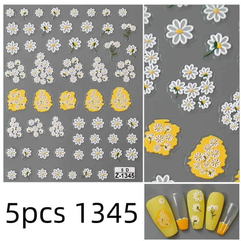 5D Flower Daisy Embossed Stickers Nail Sliders Decals Daisy White Florals Petals Flowers Back Glue Nail Sticker Decoration Qme 5pcs 1345