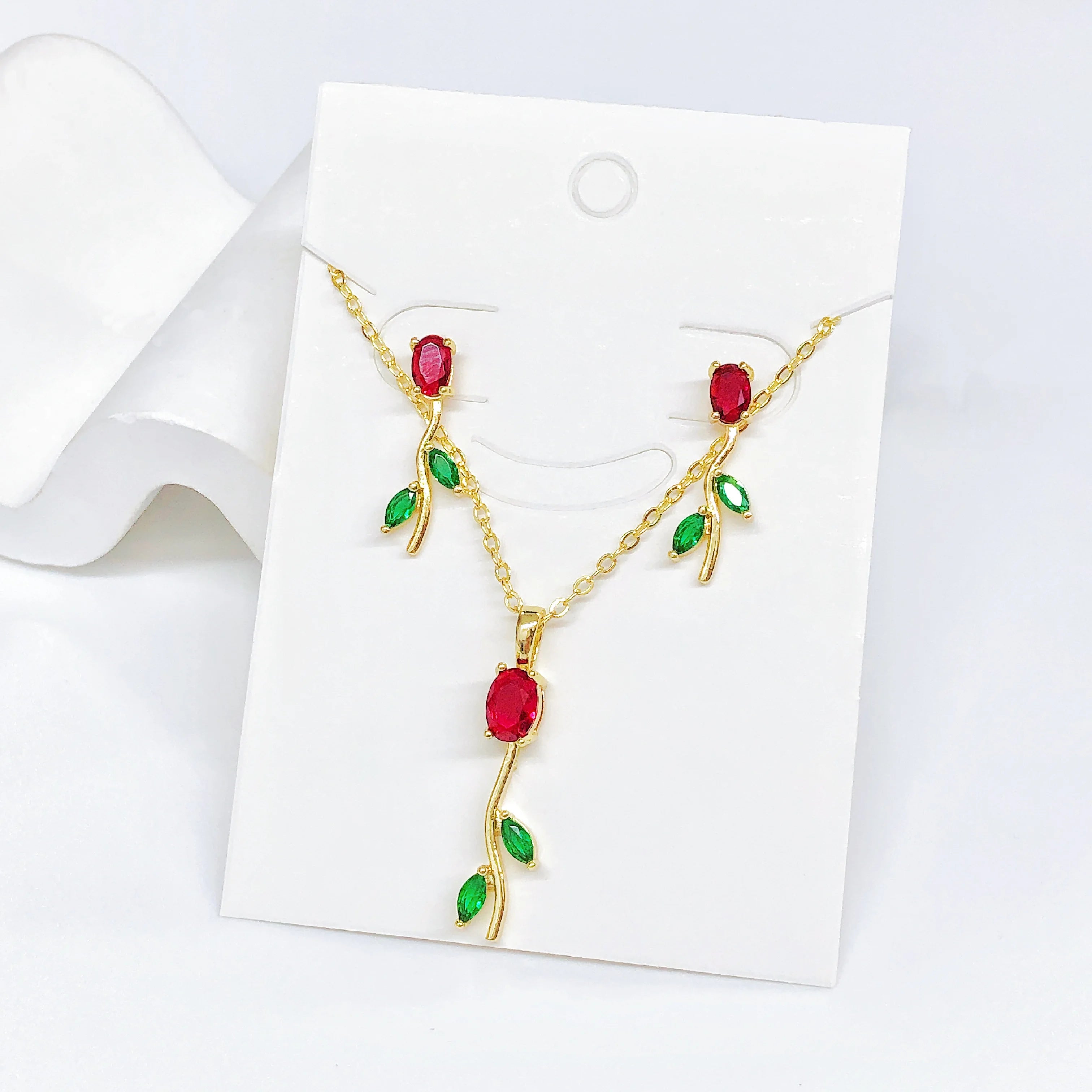 2PC Fashion Red/Green/Pink/Blue Rose Flower Crystal Necklace Earrings Jewelry Set for Women Romantic Wedding Bridal Jewelry Gift Qme Jewelry Set 2