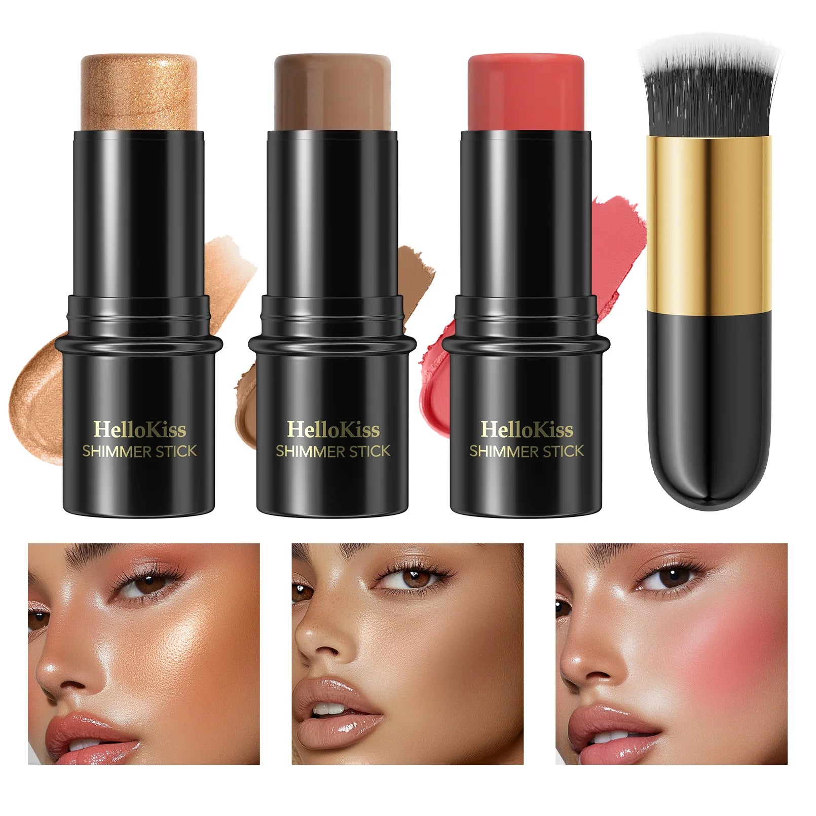4pcs Contour Stick, Highlighter Stick, Blush Stick 4pcs Cream Contour Kit with Contour Brush, Create Face Contour, Non-greasy Qme