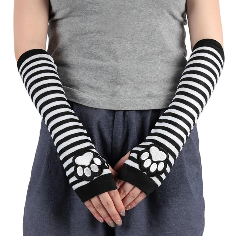 Unisex Black Fingerless Gloves Y2K Gothic Lolita Arm Cover Cute Cat Qme