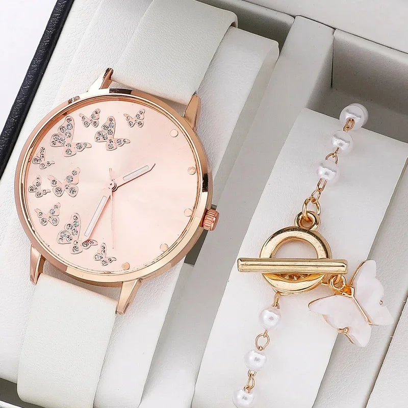 2pcs/set Butterfly Ladies Quartz Watches Fancy Women Watches Jewelry Sophisticated And Stylish Women Watch Qme White