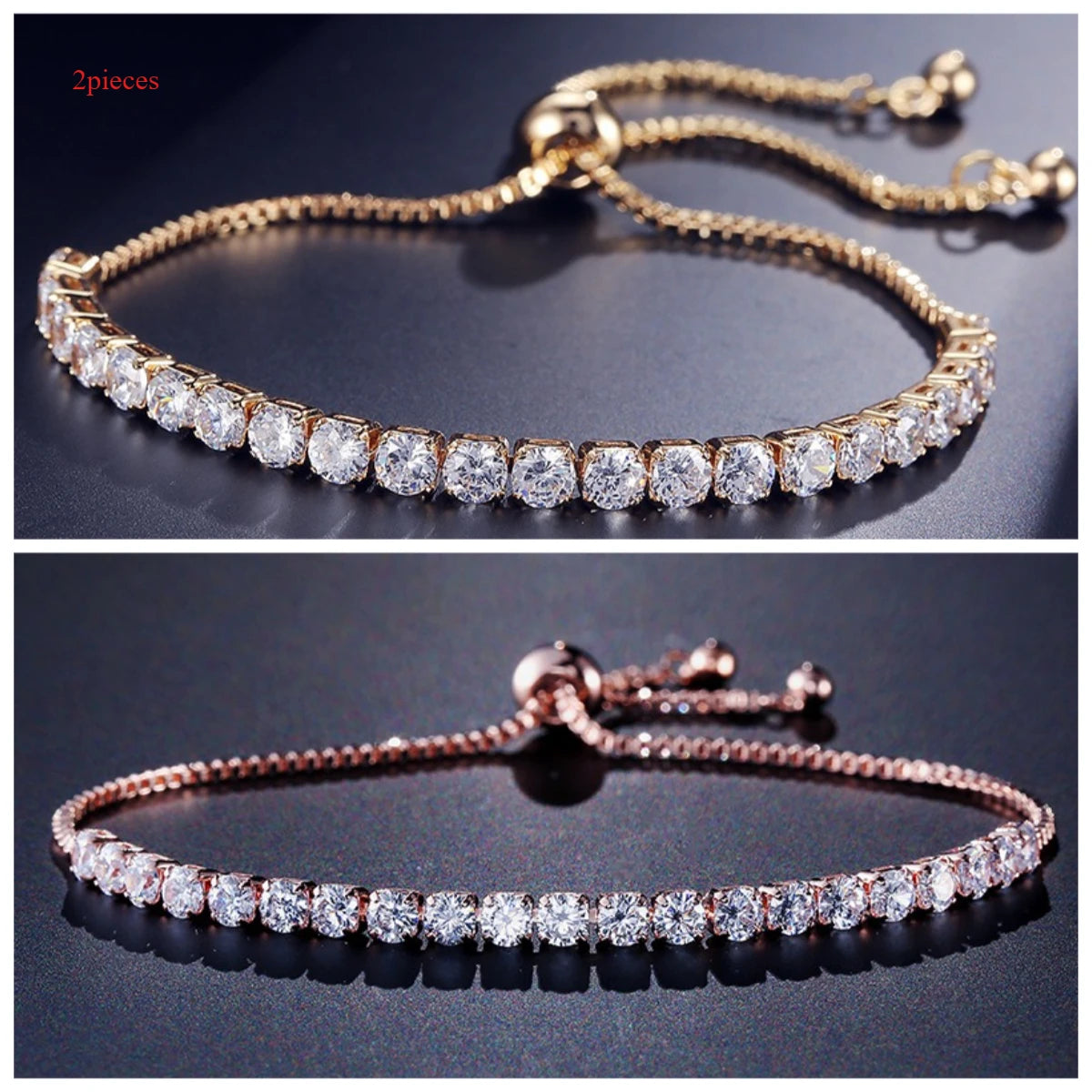 1-2 pieces Women's Geometric Round 4mm Zircon Bracelet Adjustable Slider Chain Versatile Fashion Jewelry Qme Gold-RoseGold