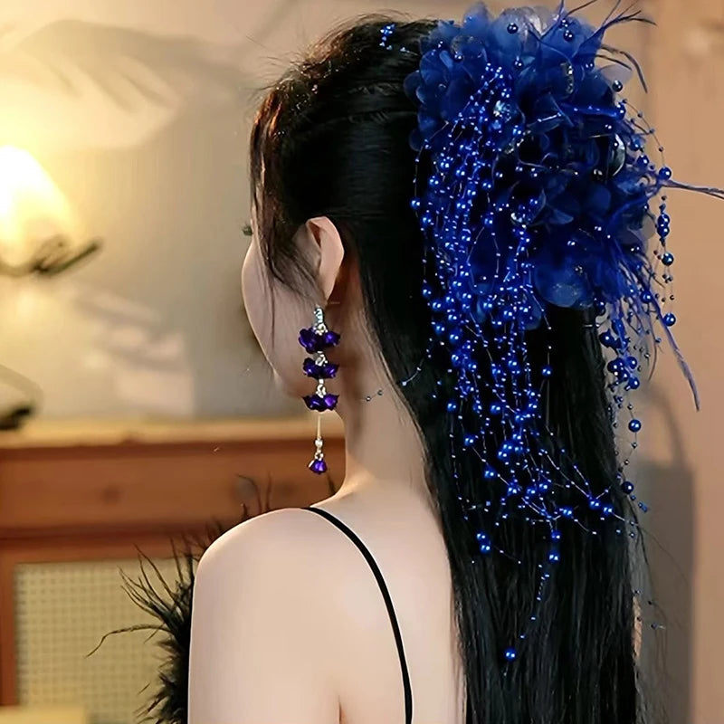 New Women's Luxury Mesh Flower Pearl Tassel Hair Clips Spring Festival Decoration Women's Fluffy Shark Hair Accessories. Qme Dark blue
