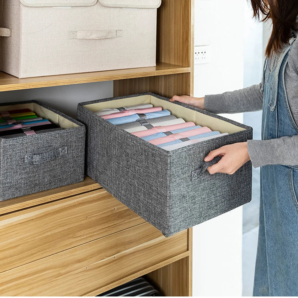 Foldable Double Door Cotton Linen Drawer Storage Box Thickened PP Board Clothes & Pants Organizer Machine Washable & Collapsible Qme