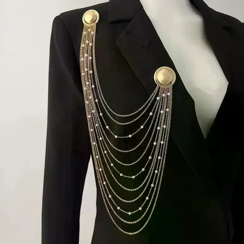 Creative Iron Tassel Chain Brooch Multi Layer Exaggerated Geometric Pearl Pins Clip Fashion Banquet Jewelry Accessories Qme