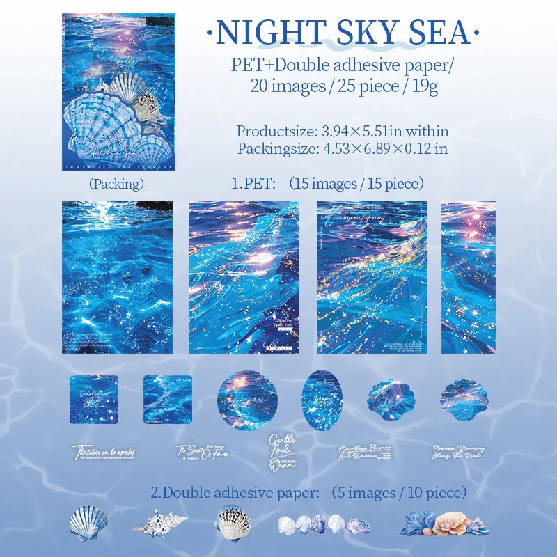 25 Sheets Blue Ocean Theme Dual Texture Sticker Pack for Scrapbook DIY Photo Frame Collage Journal Decoration Qme 2