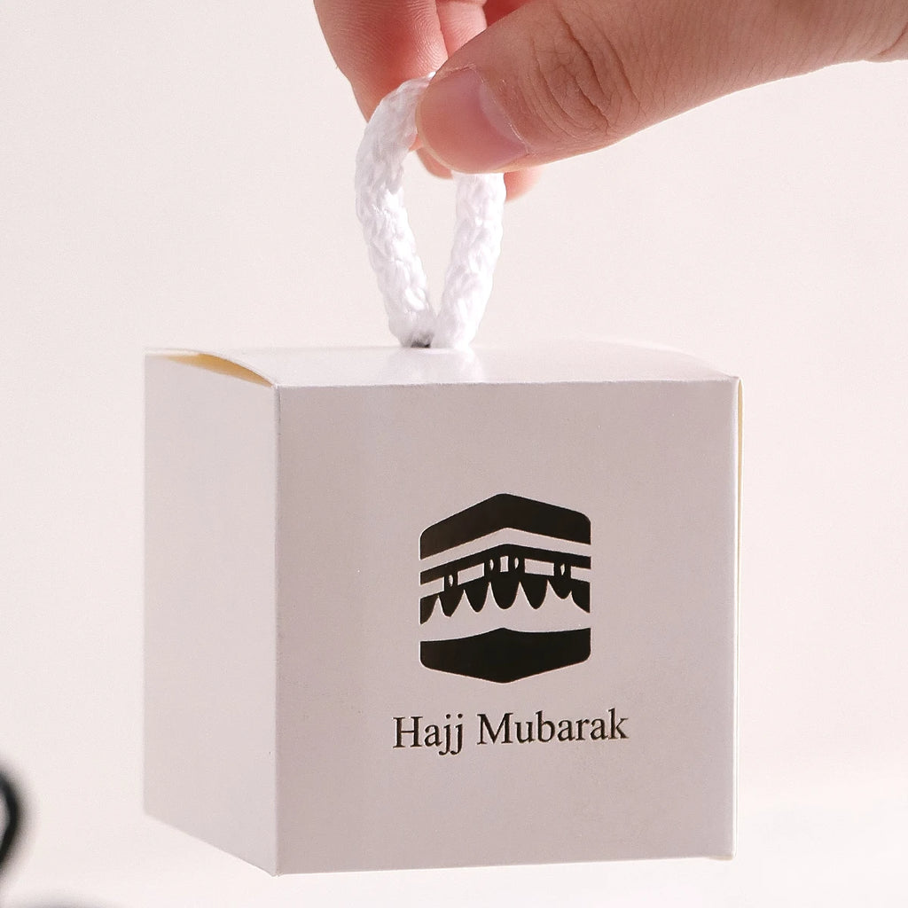 5-Pack Hajj Mubarak Sweets Gift Boxes - Elegant Small Gift Box with Gold Foil“Hajj Mubarak” - Black Paper Gift Box with Gold an Qme
