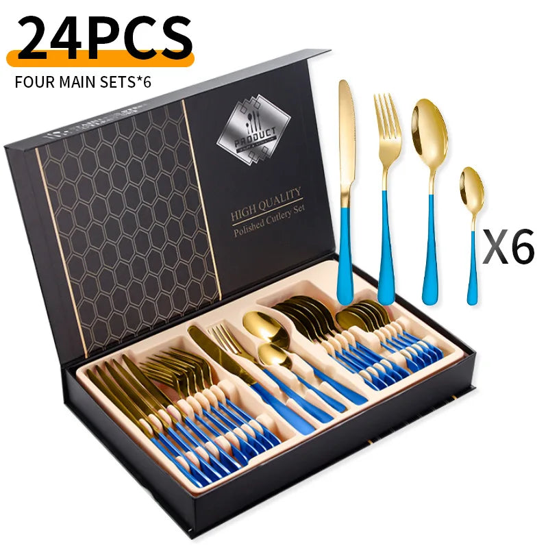 24-Piece Stainless Steel Tableware Set,Western Cutlery Steak Knife Fork Spoon, Gift Box Set for Home Restaurant Wedding Gift Qme B-24Pcs BlueGold