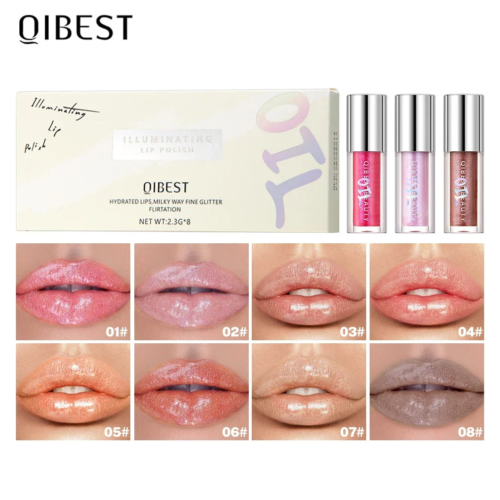 QIBEST 8 Colors Glitter Lip Gloss Makeup Sets Lasting Shiny Shimmer Lip Glaze Makeup Lip Tint Moisturizing Lip Balm Oil Lipgloss Qme Lip Makeup Sets