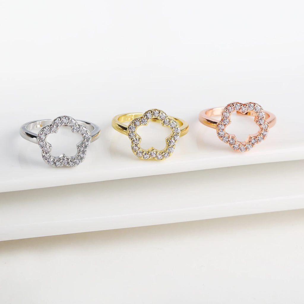 Fashion Cubic Zirconia Five Leaf Flower Open Adjustable Ring Simple for Woman Girl Party Wedding Finger Jewelry Daily Wear Qme