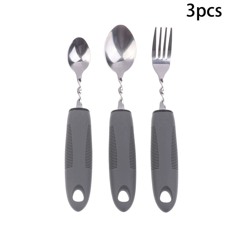2 Stainless Steel Bendable Adaptive Cutlery Textured Handle Utensils Qme 3PCS Gray