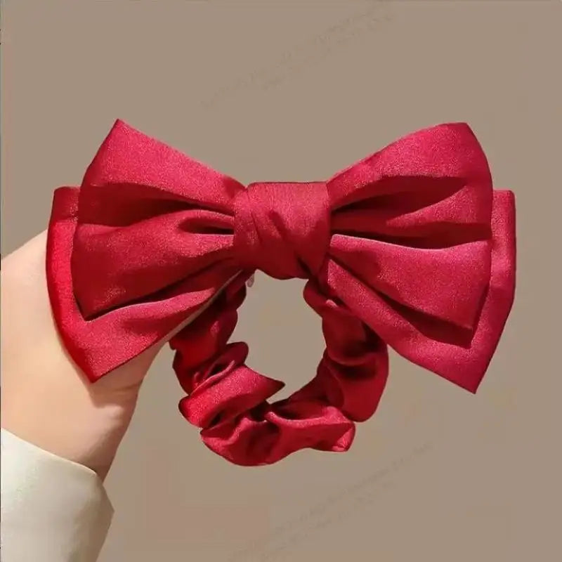 French Bow Scrunchie Elastic Hair Tie Elegant Satin Luxury Textured Qme Red