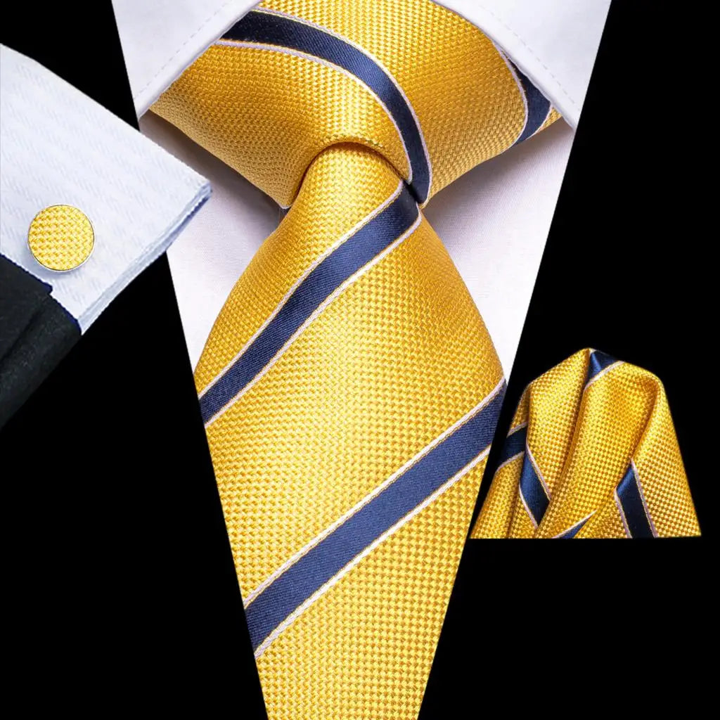 Hi-tie Striped Navy Blue Mens Fashion Necktie Handkerchief Cufflinks