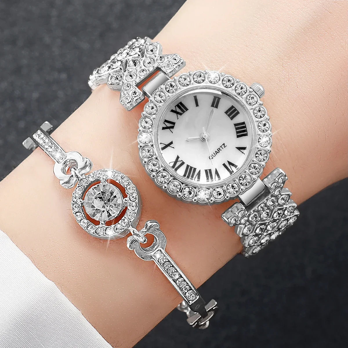 6PCS/Set Luxury Rhinestone Women's Watch Silver Band Ladies Roma Dial Quartz Watch Jewelry Set（Without Box） Qme