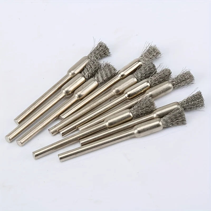 10-Piece stainless steel wire brush, 3mm round handle, uncharged cleaning, deburring and polishing brush for precision work Qme