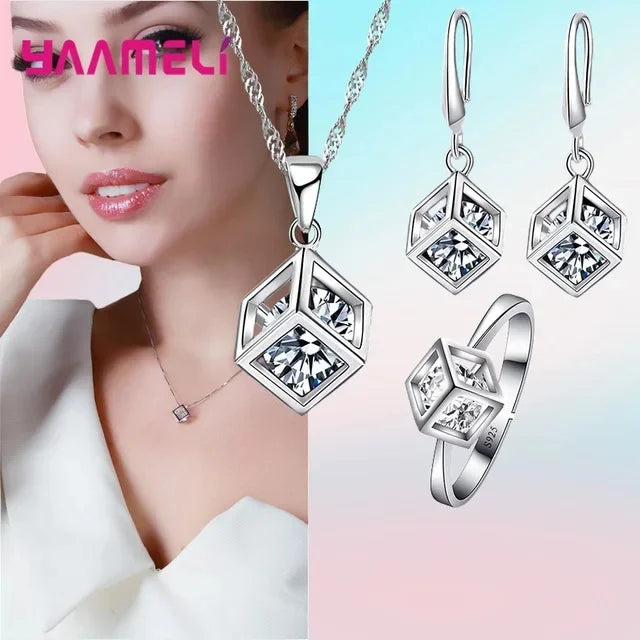 Top Sale 925 Sterling Silver Color Jewelry Gift Set Cube Cubic Zircon Necklace/Earrings/Bracelet/Ring for Wedding Engagement Qme Model 3