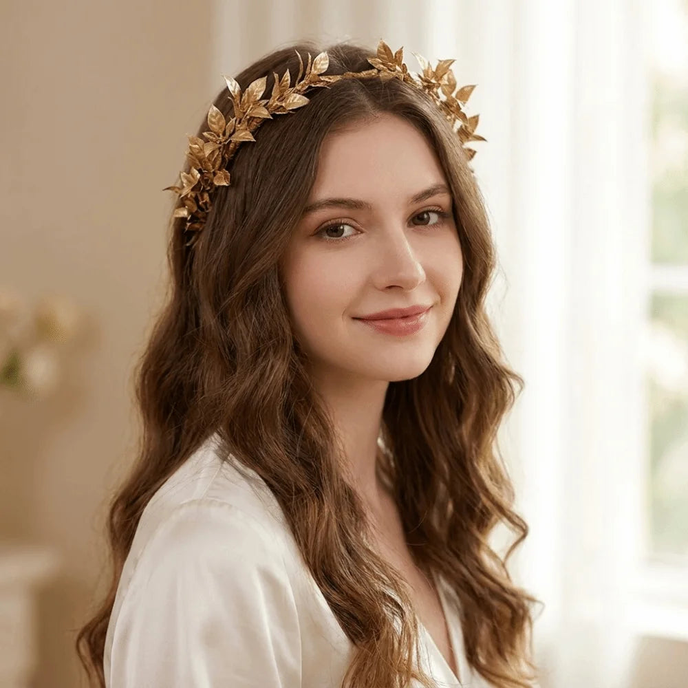 Vintage Gold Bride Wreath Headband Handmade Braided Maple Leaf Wedding Crown Delicate Ribbon Headwear Qme