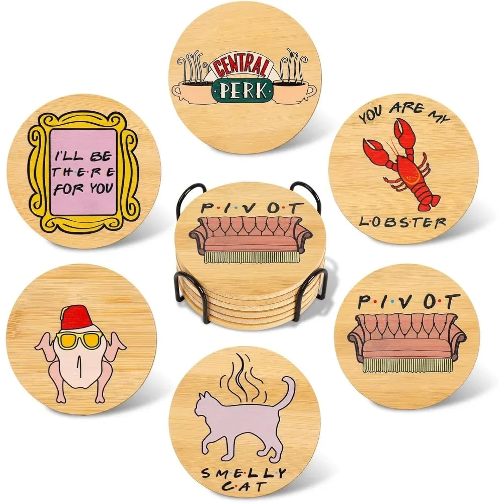 Wooden Coasters Holder Cozy Home Decor Food Cat Lobster Pattern Qme