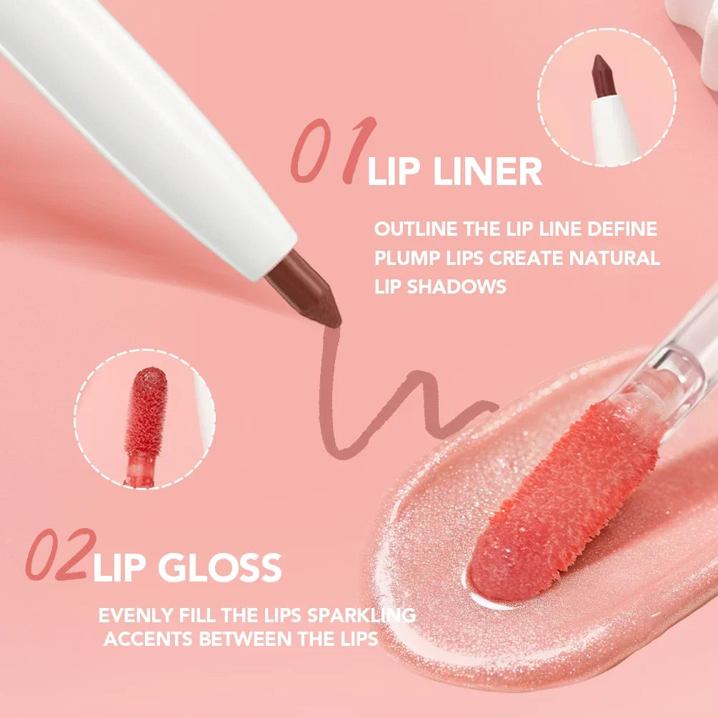 QIBEST Velvet Brown 2 In 1 Lip Liner Pencil Lipgloss Moisturizing Cherry Red Lip Liner Lip Contour Pen Makeup Women Lip Glaze Qme